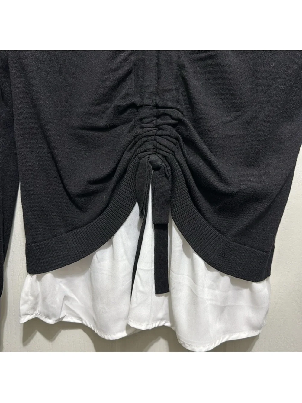 Black Layered Look Long-Sleeve Top with Drawstring Back New